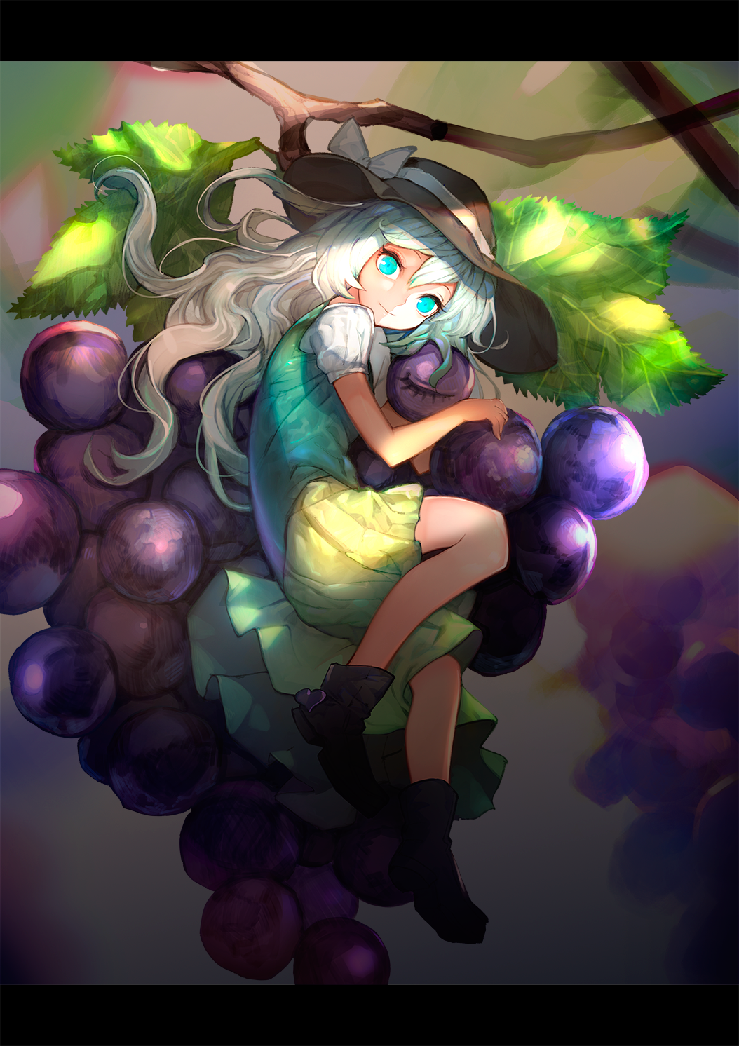 aqua_eyes black_footwear boots bow brown_hat closed_mouth commentary_request food fruit full_body grapes green_skirt green_vest hair_between_eyes hat hat_bow heart highres komeiji_koishi leaf letterboxed light_smile long_hair looking_at_viewer lying minigirl miniskirt on_side onion_(onion_and_pi-natto) shirt short_sleeves silver_hair skirt skirt_set solo third_eye touhou twig vest wavy_hair white_bow white_shirt
