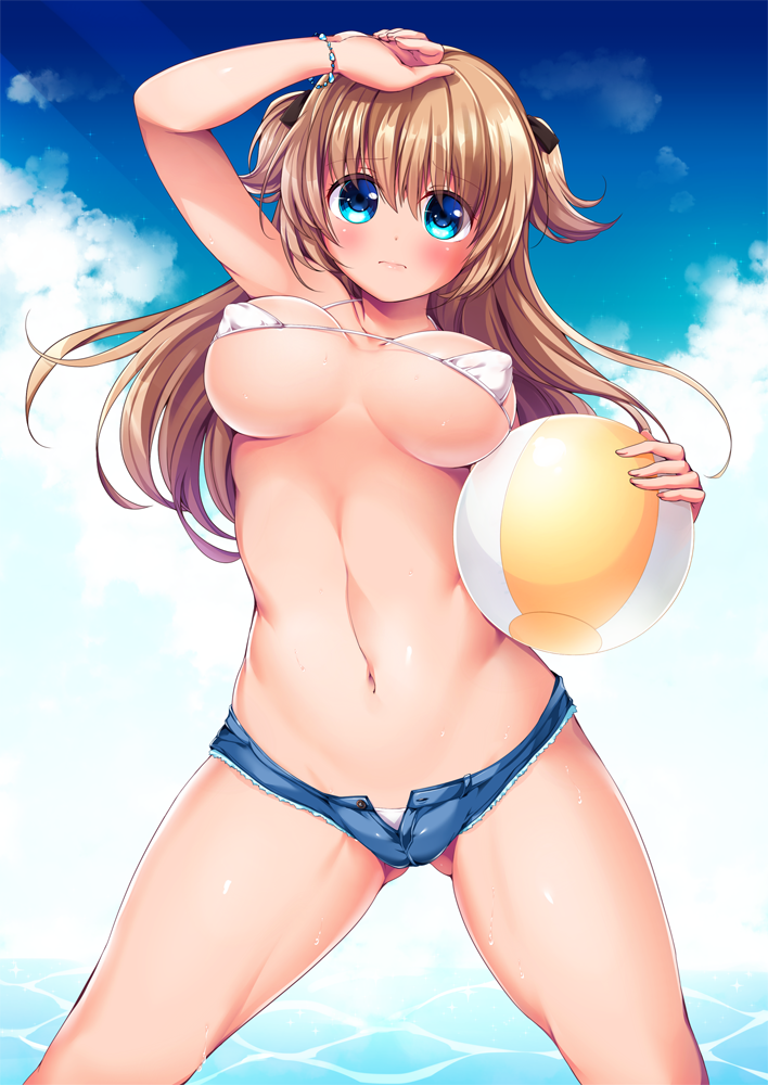 3: arm_up ass_visible_through_thighs ball beachball blue_eyes blush bracelet breasts breasts_apart brown_hair closed_mouth covered_nipples day eyes_visible_through_hair groin head_tilt holding jewelry legs_apart medium_breasts navel original outdoors revision ruri_rarako short_shorts shorts solo standing sunlight sweat swimsuit swimsuit_under_clothes two_side_up