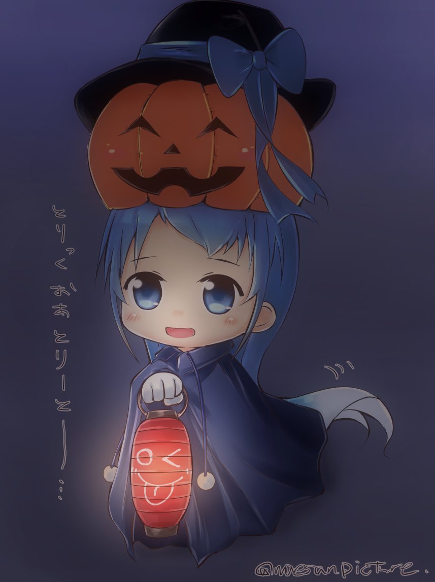 alternate_costume bangs big_head blue_eyes blue_hair blush bow cape chibi cloak commentary dark dark_background eyebrows_visible_through_hair full_body gloves glowing gradient_hair hair_between_eyes halloween halloween_costume hat hat_over_hat holding kantai_collection lantern long_hair looking_at_viewer mae_(maesanpicture) multicolored_hair open_mouth paper_lantern pumpkin pumpkin_hat ribbon samidare_(kantai_collection) short_bangs simple_background solo translated twitter_username very_long_hair witch_hat