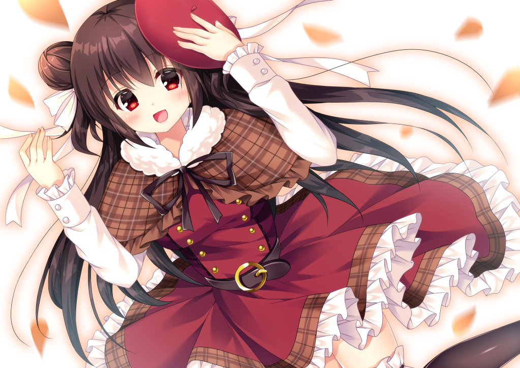 :d arm_up bangs beret black_legwear blurry blurry_background blush brown_capelet brown_hair brown_ribbon capelet commentary_request depth_of_field dress dutch_angle eyebrows_visible_through_hair fingernails frilled_capelet frilled_dress frilled_legwear frilled_sleeves frills fujikura_ryuune fur-trimmed_capelet fur_trim hair_between_eyes hair_bun hand_on_headwear hat long_hair long_sleeves looking_at_viewer neck_ribbon open_mouth original petals plaid_capelet red_dress red_eyes red_hat ribbon side_bun sleeves_past_wrists smile solo thighhighs tilted_headwear very_long_hair white_background