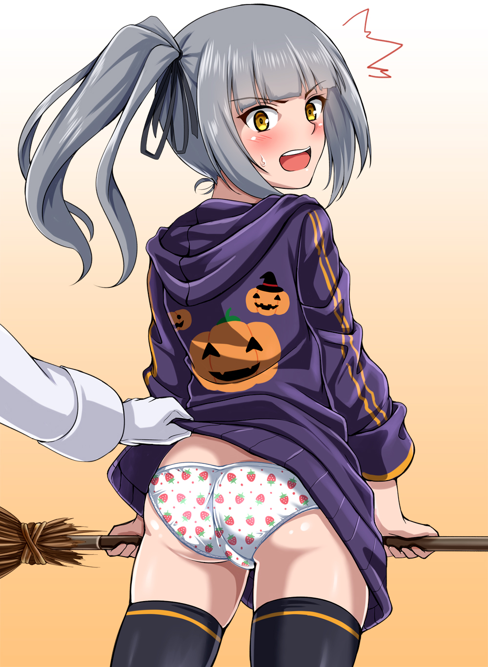 1girl alternate_costume ass black_legwear blush broom commentary_request eyebrows_visible_through_hair food_print gradient gradient_background grey_hair halloween happy_halloween hat highres hood hood_down hooded_track_jacket jack-o'-lantern_print jacket kantai_collection kasumi_(kantai_collection) lifted_by_another long_hair long_sleeves open_mouth panties print_jacket pumpkin purple_jacket remodel_(kantai_collection) side_ponytail skindentation strawberry_print track_jacket underwear witch_hat yellow_eyes zanntetu