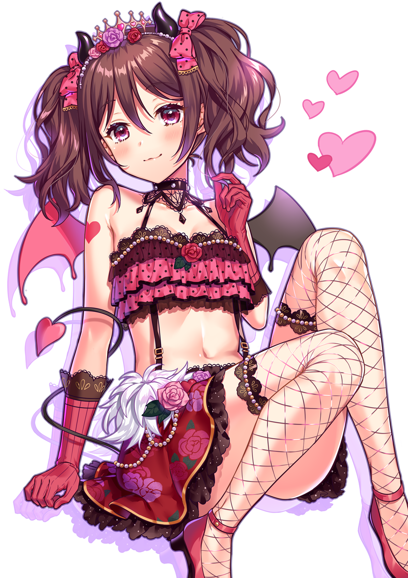:3 alternate_hair_color anklet bare_shoulders blush bow breasts brown_hair closed_mouth collarbone elbow_gloves eyebrows_visible_through_hair fake_horns fishnet_legwear fishnets gloves hair_bow heart high_heels jewelry kuroki_(ma-na-tu) looking_at_viewer love_live! love_live!_school_idol_project navel pink_bow pink_gloves red_eyes red_skirt short_hair short_twintails skirt small_breasts smile solo thighhighs twintails yazawa_nico