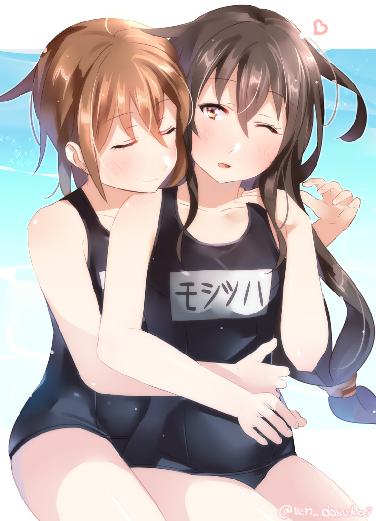 bare_arms bare_shoulders blush closed_eyes closed_mouth collarbone commentary_request eye_color_request facing_another hatsushimo_(kantai_collection) heart hug hug_from_behind juurouta kantai_collection long_hair looking_at_another multiple_girls name_tag old_school_swimsuit one-piece_swimsuit one_eye_closed school_swimsuit swimsuit translated twitter_username wakaba_(kantai_collection) yuri