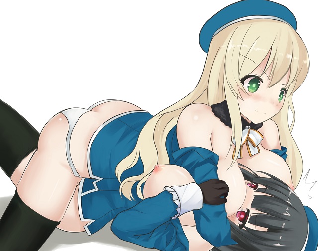 2girls ass atago_(kantai_collection) between_breasts blouse bouncing_breasts breast_smother breast_sucking breasts catfight defeated girl_on_top head_between_breasts huge_breasts kantai_collection kuwamori large_breasts multiple_girls panties sitting sitting_on_person smile takao_(kantai_collection) trembling unconscious underwear yuri