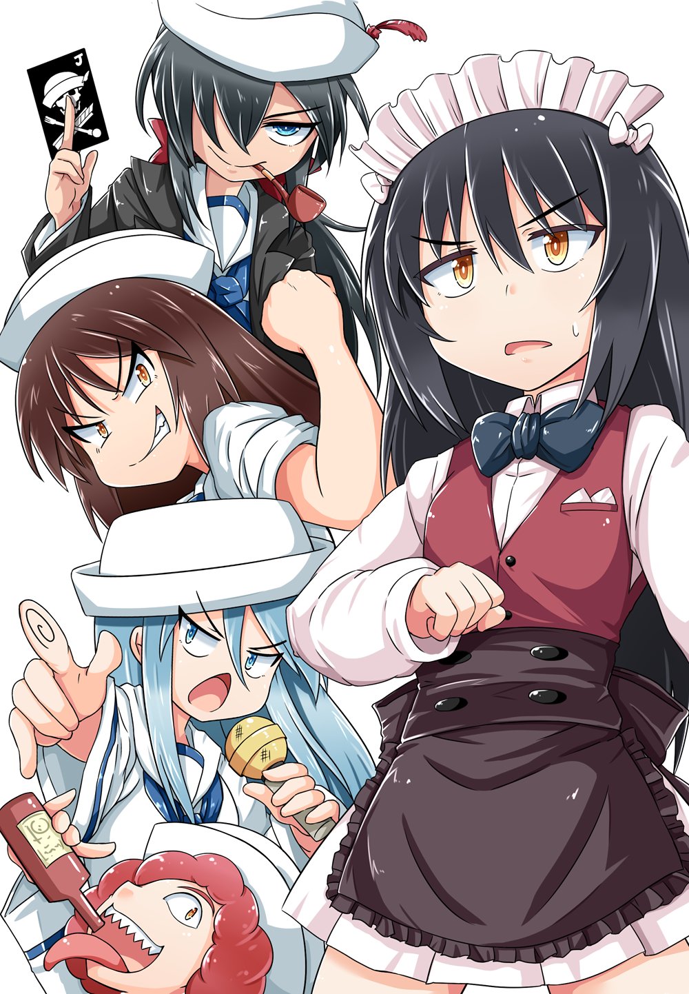 @ alcohol alternate_eye_color apron bangs bartender black_apron black_coat black_hair black_neckwear blouse blue_eyes bottle bow bowtie brown_eyes brown_vest card clenched_hand coat commentary_request cosplay cover cover_page cutlass_(girls_und_panzer) cutlass_(girls_und_panzer)_(cosplay) dark_skin dixie_cup_hat doujin_cover dress_shirt drinking evil_grin evil_smile eyebrows_visible_through_hair flint_(girls_und_panzer) frilled_apron frills frown girls_und_panzer grin hair_bow hair_over_one_eye half-closed_eyes handkerchief hat hat_feather highres holding holding_bottle holding_card holding_microphone kitayama_miuki long_hair long_sleeves long_tongue looking_at_viewer maid_headdress microphone military_hat miniskirt mouth_hold multiple_girls murakami_(girls_und_panzer) navy_blue_neckwear neckerchief ogin_(girls_und_panzer) ooarai_naval_school_uniform open_clothes open_coat pipe pipe_in_mouth pleated_skirt pointing pointing_at_viewer ponytail red_bow red_hair reizei_mako rum_(girls_und_panzer) sailor sailor_collar school_uniform sharp_teeth shirt short_hair silver_hair simple_background sitting skirt skull_and_crossbones sleeves_rolled_up smile sweatdrop teeth tongue tongue_out v-shaped_eyebrows v-shaped_eyes vest waist_apron white_background white_blouse white_hat white_shirt white_skirt wing_collar