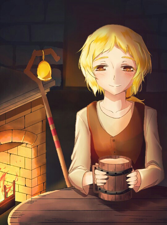 androgynous bangs beer_mug bell blonde_hair blush brick brown_eyes commentary_request cup dark disconnected_mouth drink fireplace forehead half-closed_eyes hassaku_sherbert holding holding_cup indoors long_sleeves looking_at_viewer mug nora_arento short_bangs short_hair smile solo spice_and_wolf staff table wooden_table