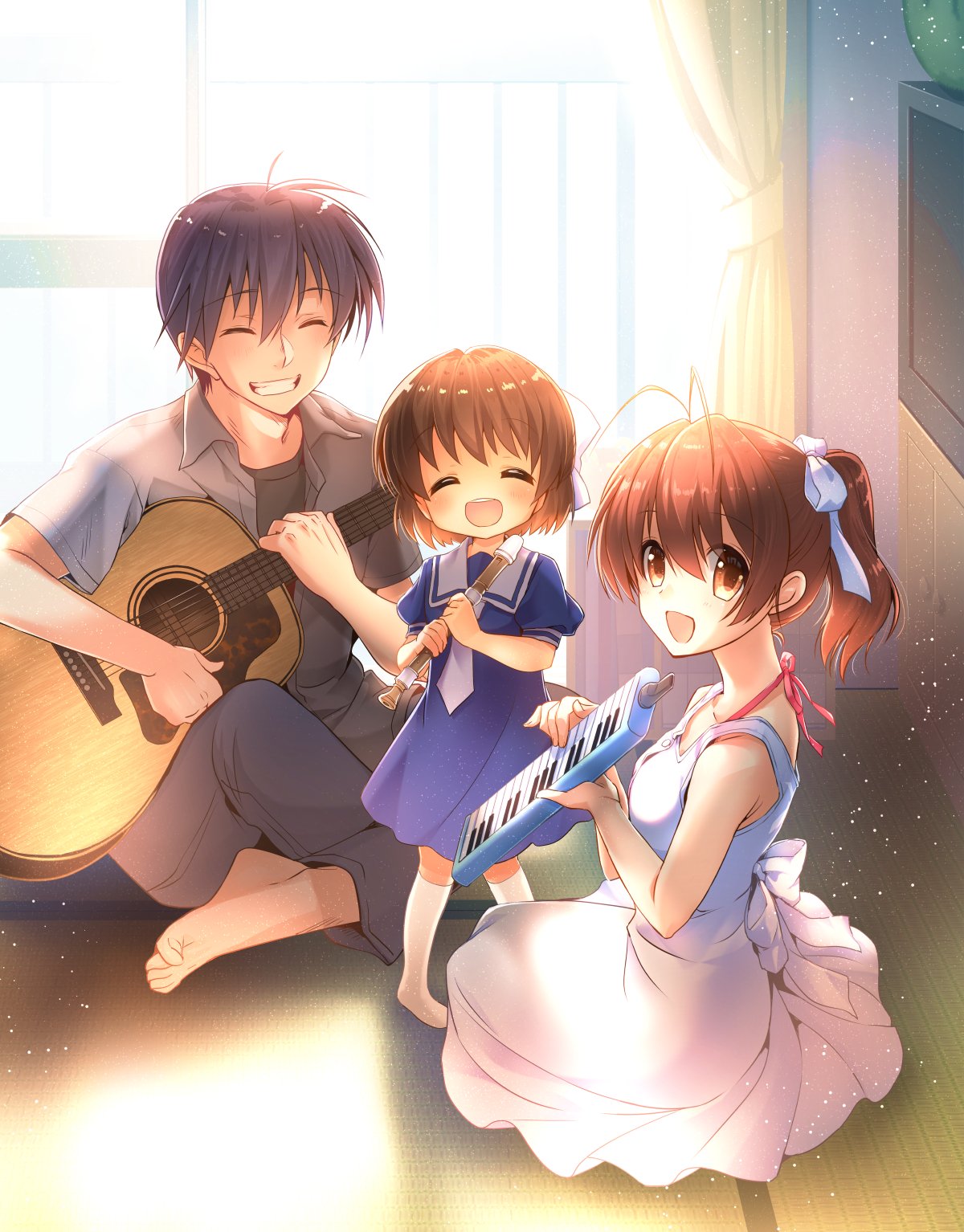 2girls barefoot blue_dress blue_hair bow brown_eyes brown_hair clannad closed_eyes commentary_request couple dress family father_and_daughter furukawa_nagisa guitar hair_bow hetero highres husband_and_wife instrument keyboard_(instrument) melodica mother_and_daughter multiple_girls okazaki_tomoya okazaki_ushio ponytail recorder remotaro sailor_dress short_hair short_ponytail spoilers tatami television white_bow white_dress window