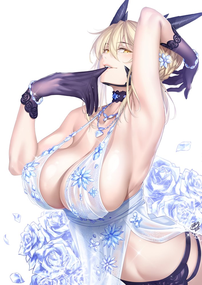 artoria_pendragon_(all) artoria_pendragon_(lancer_alter) black_choker black_gloves black_headband black_panties blonde_hair breasts choker cleavage collarbone dress fate/grand_order fate_(series) floral_print flower glove_in_mouth glove_pull gloves hair_flower hair_ornament hand_behind_head huge_breasts looking_at_viewer mouth_hold navel okitakung panties royal_icing simple_background solo sparkle strap_gap underwear upper_body white_background white_dress yellow_eyes