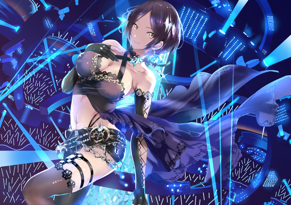 bangs bare_shoulders black_footwear black_gloves black_hair black_shorts boots breasts chain cleavage closed_mouth collarbone commentary_request criss-cross_halter elbow_gloves gloves halter_top halterneck hand_on_own_chest hayami_kanade hips idolmaster idolmaster_cinderella_girls idolmaster_cinderella_girls_starlight_stage jewelry large_breasts looking_at_viewer navel parted_bangs partly_fingerless_gloves short_hair short_shorts shorts smile solo stage_lights thigh_boots thigh_strap thighhighs thighs yellow_eyes yuu_(asaiyuji)