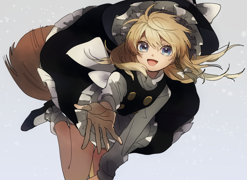 apron black_footwear blonde_hair blue_eyes bow broom broom_riding dress gradient gradient_background grey_background hair_ribbon hat hat_bow ka_(marukogedago) kirisame_marisa long_hair looking_at_viewer open_mouth outstretched_hand ribbon shoes simple_background smile socks solo touhou tress_ribbon turtleneck witch_hat
