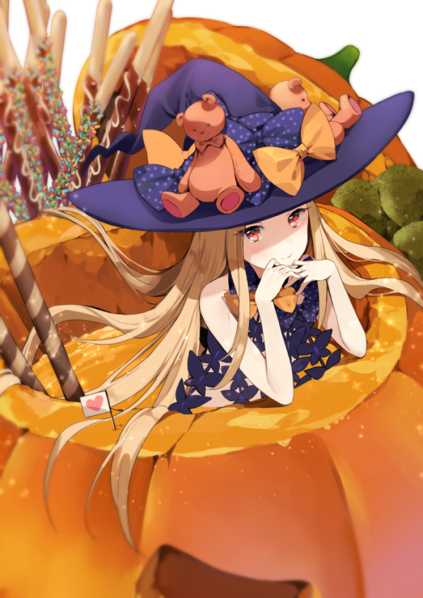 abigail_williams_(fate/grand_order) blonde_hair blue_eyes bow commentary_request fate/grand_order fate_(series) food hair_bow hair_flowing_over halloween hat heart ice_(ice_aptx) in_food jack-o'-lantern long_hair mini_flag orange_bow pocky polka_dot polka_dot_bow pumpkin purple_bow purple_hat solo stuffed_animal stuffed_toy teddy_bear very_long_hair witch_hat