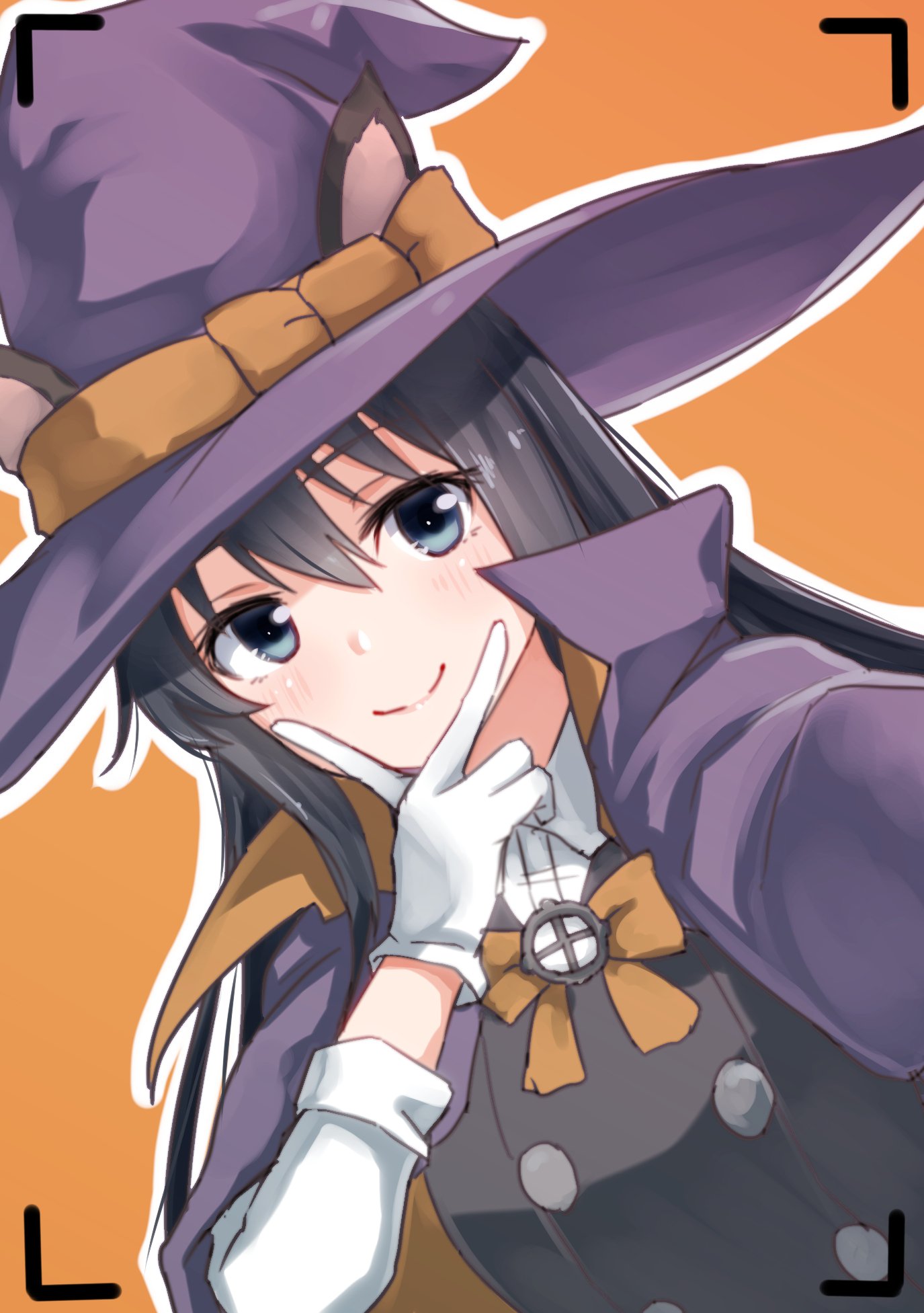 ame-rain animal_ears asashio_(kantai_collection) black_hair blue_eyes bow buttons cape cat_ears closed_mouth commentary_request dress gloves hair_between_eyes halloween hat highres kantai_collection long_hair long_sleeves neck_ribbon orange_bow pinafore_dress purple_cape purple_hat reaching_out remodel_(kantai_collection) ribbon searchlight self_shot shirt simple_background smile solo white_shirt witch witch_hat