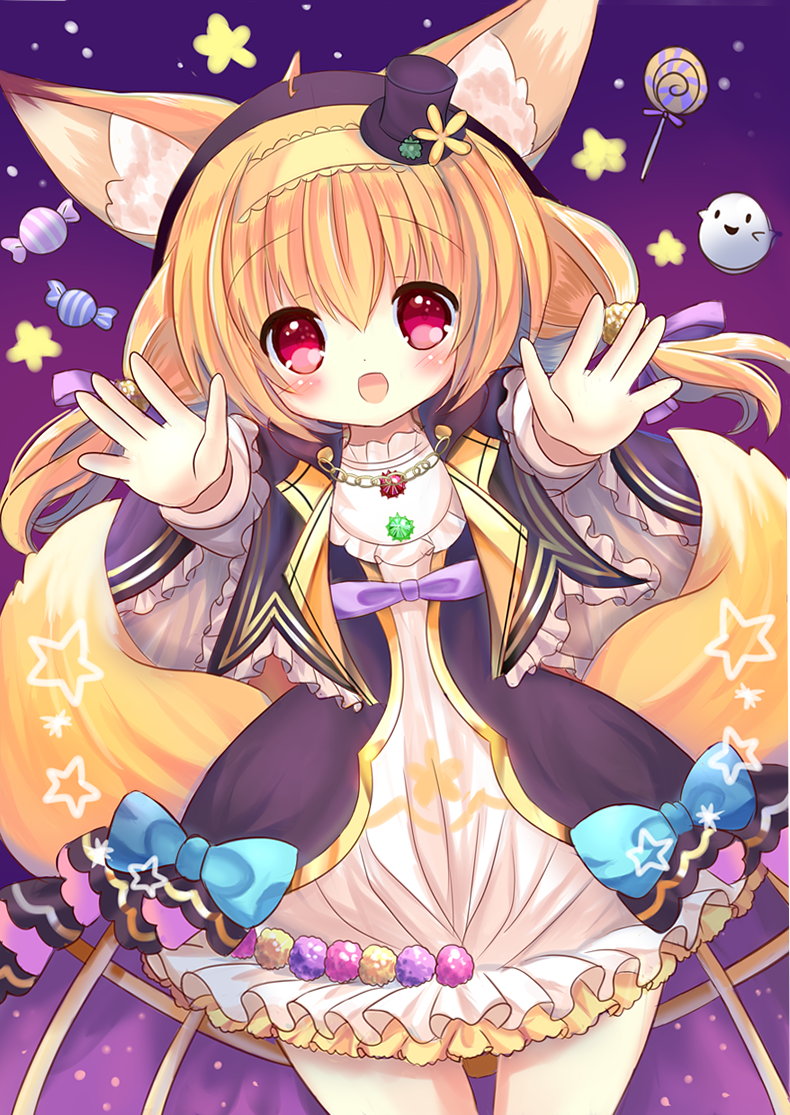 :d animal_ears black_hat blonde_hair blue_bow blush bow candy dress flower_knight_girl food fox_ears fox_tail frills ghost hair_bow hairband halloween hane. hat hoop_skirt kitsune_no_botan_(flower_knight_girl) lollipop long_hair looking_at_viewer mini_hat mini_top_hat multiple_tails open_mouth outstretched_hand purple_bow red_eyes smile solo swirl_lollipop tail top_hat white_dress yellow_hairband