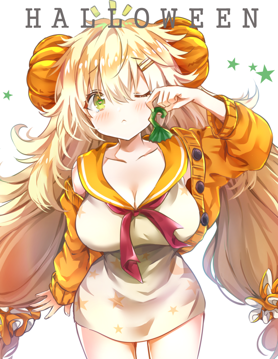 ;&lt; arm_up bangs blonde_hair blush breasts cardigan cleavage collarbone commentary cowboy_shot dress eyebrows_visible_through_hair food_themed_hair_ornament girls_frontline green_eyes hair_between_eyes hair_ornament hair_scrunchie hairclip halloween heart heart-shaped_pupils holding large_breasts long_hair long_sleeves looking_at_viewer melings_(aot2846) notice_lines one_eye_closed open_cardigan open_clothes orange_cardigan orange_sailor_collar orange_scrunchie pumpkin_hair_ornament red_neckwear revision s.a.t.8_(girls_frontline) sailor_collar sailor_dress scrunchie short_dress simple_background solo star symbol-shaped_pupils tears very_long_hair white_background white_dress