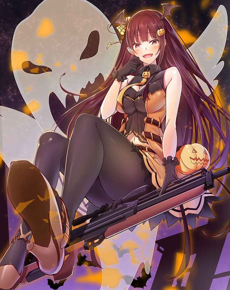 alternate_costume bangs bat bat_hair_ornament belt bipod black_legwear blush breasts bullpup cleavage collared_shirt commentary eyebrows_visible_through_hair food_themed_hair_ornament ghost girls_frontline gloves gun hair_ornament hair_ribbon half_updo halloween hand_up high_heels jack-o'-lantern large_breasts long_hair looking_at_viewer necktie one_side_up open_mouth pantyhose pumpkin_hair_ornament purple_hair red_eyes ribbon riding rifle shirt skirt sleeveless sleeveless_shirt sniper_rifle solo tanakahazime very_long_hair wa2000_(girls_frontline) walther walther_wa_2000 weapon