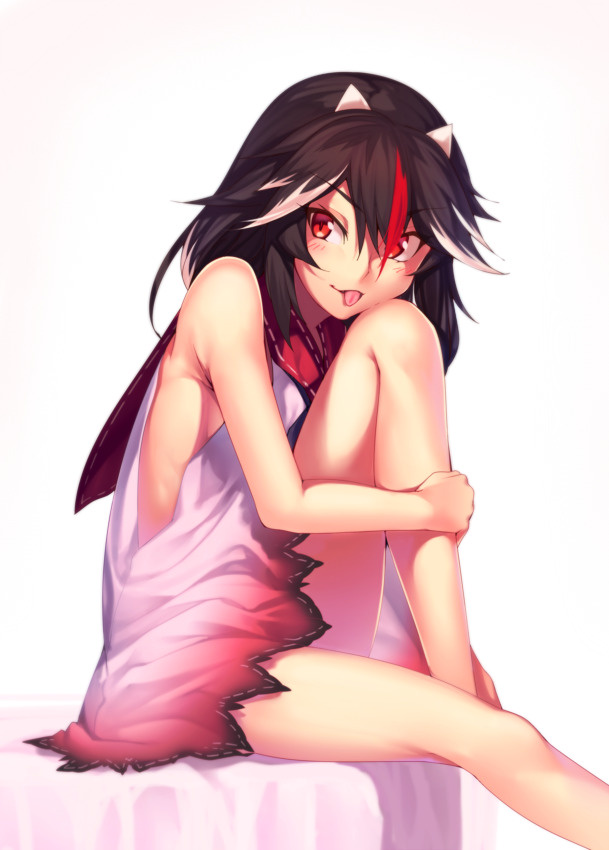 :p adapted_costume bangs bare_arms bare_legs bare_shoulders black_hair blush dress eyebrows_visible_through_hair feet_out_of_frame hair_between_eyes horns kaiza_(rider000) kijin_seija knee_up leg_hug long_hair looking_at_viewer multicolored_hair neckerchief red_hair red_sailor_collar sailor_collar short_dress simple_background sitting sleeveless sleeveless_dress smile solo streaked_hair thighs tongue tongue_out touhou white_background white_dress white_hair