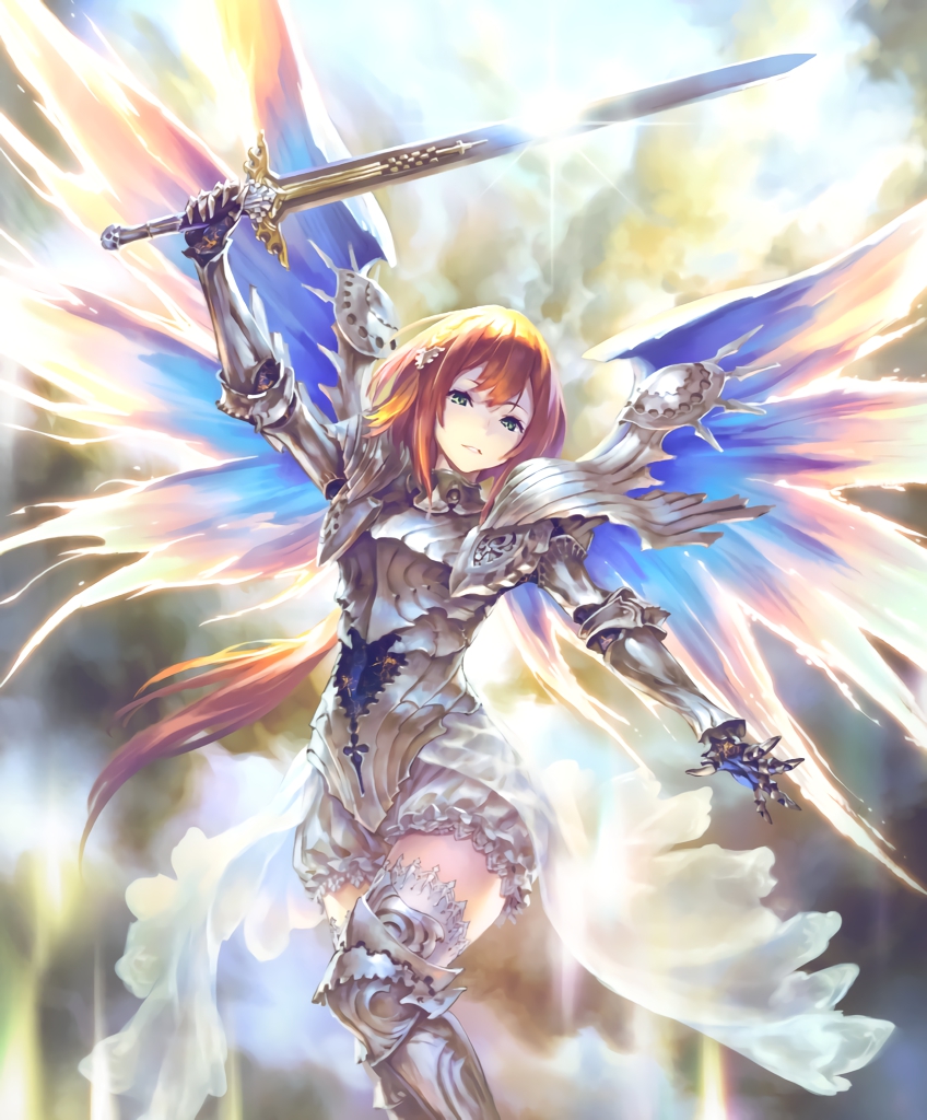 angel angel_wings armor armored_boots blue_eyes boots breastplate cygames gauntlets glowing glowing_wings hair_ornament hairclip lapis_glorius_seraph long_hair looking_at_viewer official_art orange_hair see-through shadowverse shoulder_armor solo sword thigh_boots thighhighs weapon wings
