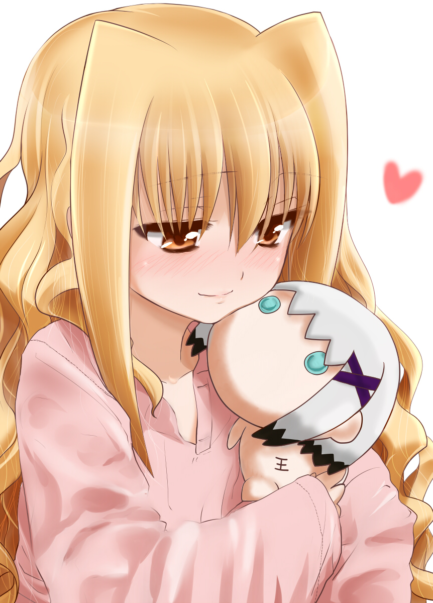 bangs blonde_hair blush character_doll closed_mouth commentary_request doll eyebrows_visible_through_hair half-closed_eyes heart highres holding holding_doll kohinore lips long_hair lyrical_nanoha mahou_shoujo_lyrical_nanoha mahou_shoujo_lyrical_nanoha_a's mahou_shoujo_lyrical_nanoha_a's_portable:_the_gears_of_destiny material-d pajamas pink_shirt shirt smile solo u-d upper_body white_background yellow_eyes