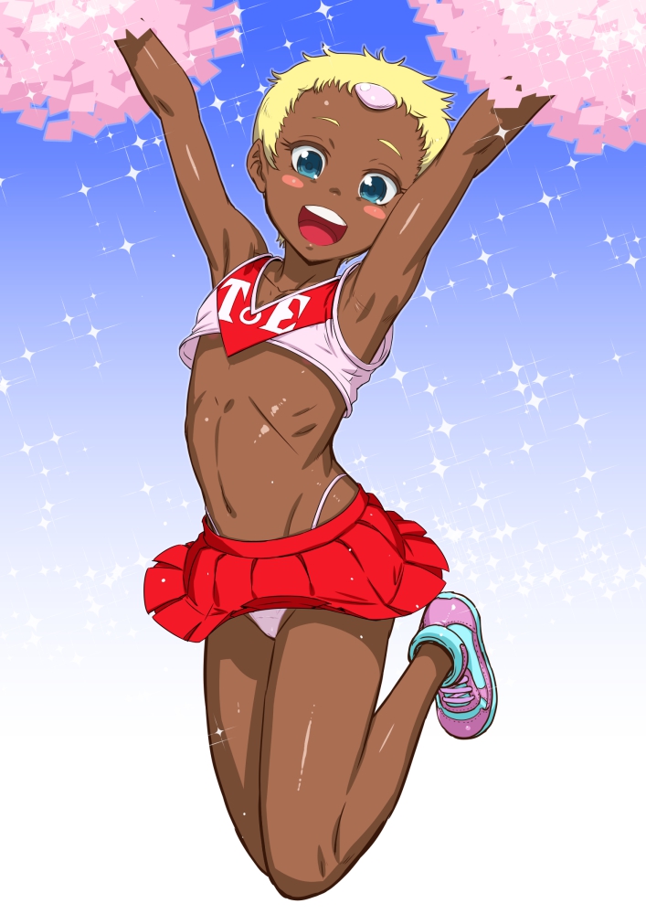 1girl :d blonde_hair blue_background blush_stickers chat cheerleader collarbone colored_eyebrows crop_top female flat_chest gradient gradient_background jumping looking_at_viewer navel open_mouth panties pom_poms shiny shiny_skin shoes short_hair skirt smile solo stomach tales_of_(series) tales_of_eternia tenseiani underwear upper_teeth