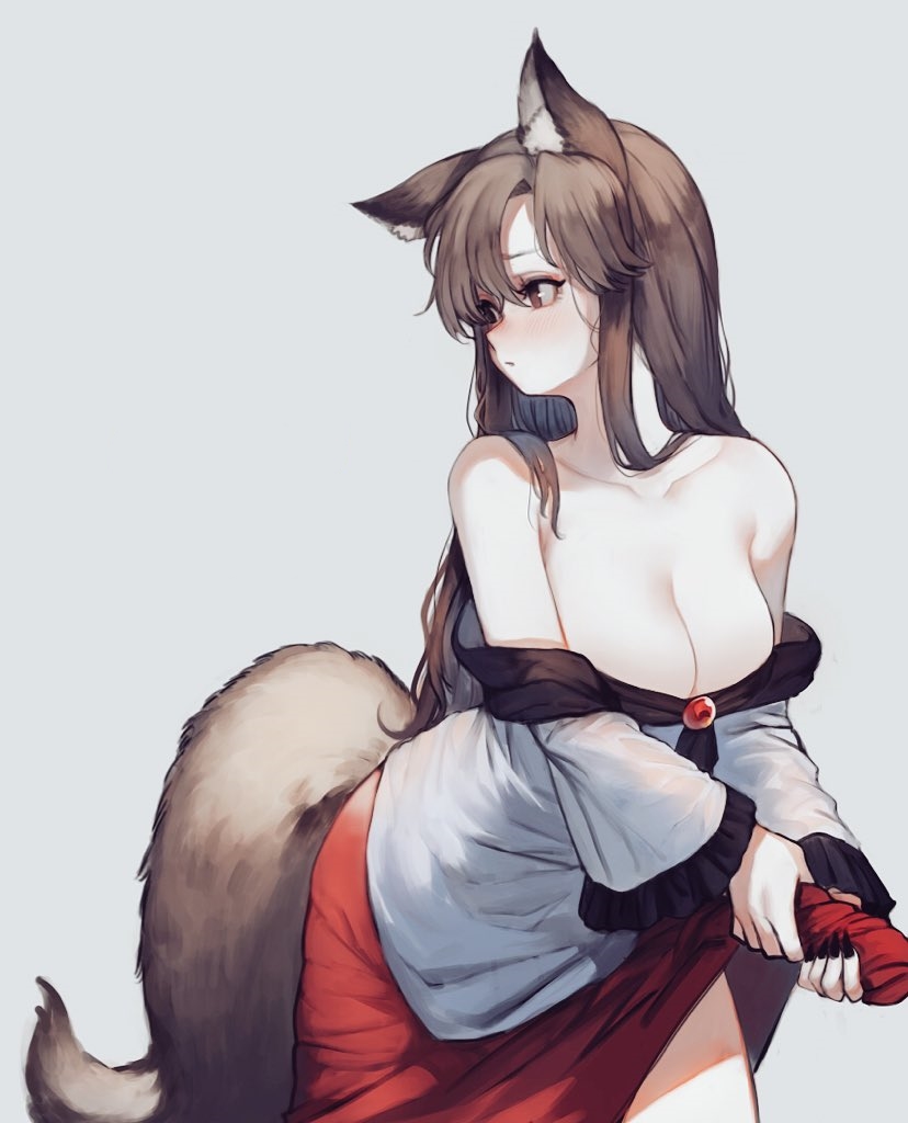 ahoge animal_ear_fluff animal_ears bad_source bare_shoulders black_nails blush breasts brooch brown_hair cleavage closed_mouth collarbone cowboy_shot dress eyelashes fingernails grey_background hair_between_eyes heoningu imaizumi_kagerou jewelry large_breasts large_tail lifted_by_self long_fingernails long_hair long_sleeves muted_color nail_polish off-shoulder_shirt off_shoulder red_eyes red_skirt sharp_fingernails shirt simple_background skirt skirt_hold solo standing tail third-party_edit touhou unaligned_ears wide_sleeves wolf_ears wolf_girl wolf_tail wringing_clothes wringing_skirt