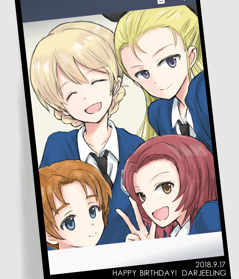 assam bangs black_neckwear black_ribbon blonde_hair blue_eyes blue_sweater braid brown_eyes cellphone cellphone_picture character_name closed_eyes closed_mouth commentary darjeeling dated dress_shirt english facing_viewer girls_und_panzer group_picture hair_pulled_back hair_ribbon happy_birthday long_hair long_sleeves looking_at_viewer multiple_girls mutsu_(layergreen) necktie open_mouth orange_hair orange_pekoe parted_bangs phone phone_screen red_hair ribbon rosehip school_uniform shirt short_hair smartphone smile st._gloriana's_school_uniform sweater tied_hair twin_braids v v-neck white_shirt wing_collar