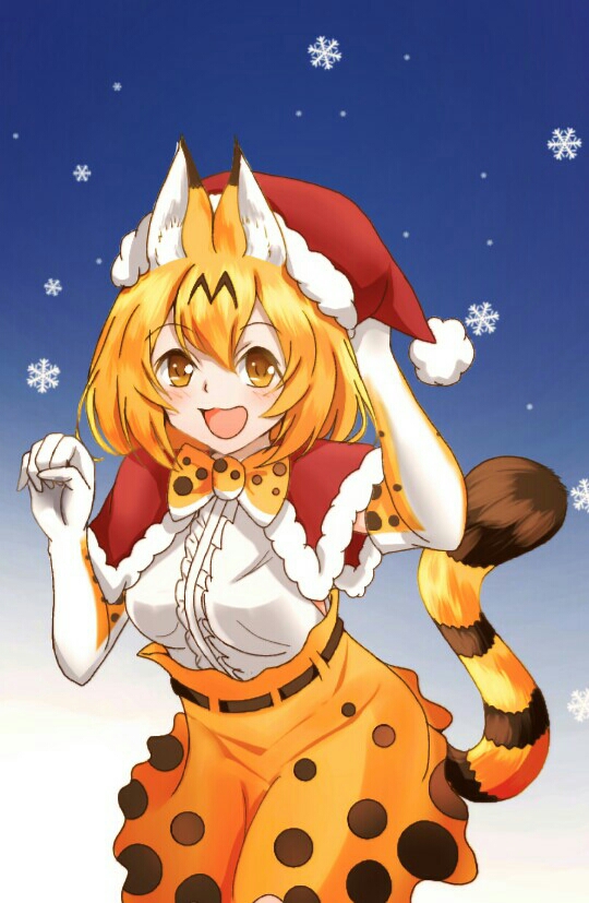 :3 :d animal_ear_fluff animal_ears bangs bow bowtie breasts capelet center_frills commentary_request elbow_gloves eyebrows_visible_through_hair fur-trimmed_capelet fur-trimmed_hat fur_trim gloves gradient gradient_background happy hassaku_sherbert hat high-waist_skirt high_belt kemono_friends large_breasts leaning_forward looking_at_viewer multicolored_hair open_mouth orange_eyes orange_gloves orange_hair orange_neckwear orange_skirt parted_bangs pom_pom_(clothes) print_gloves print_neckwear print_skirt raised_eyebrows red_capelet red_hat santa_costume santa_hat serval_(kemono_friends) serval_ears serval_girl serval_print serval_tail shirt shirt_tucked_in short_hair sketch_eyebrows skirt sleeveless sleeveless_shirt smile snowflakes solo striped_tail tail tail_raised two-tone_hair white_shirt winter_clothes