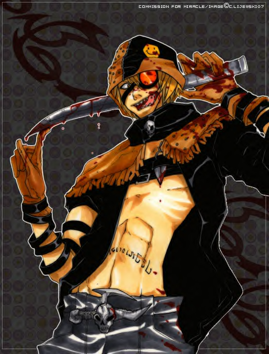 1boy blonde_hair blood galerians galerians:_ash gloves goggles hat knife parano_(galerians) smiley_face solo tagme tattoo teeth yellow_eyes