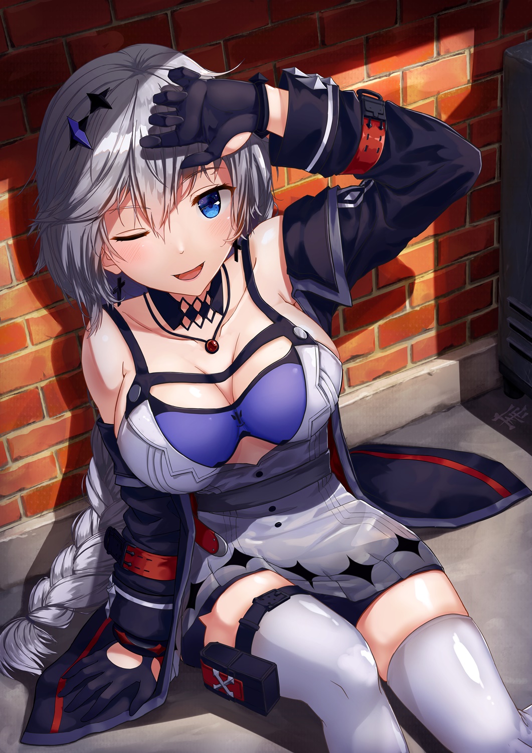 :d arm_support bangs bare_shoulders belt blue_bra blue_eyes bra braid breasts choker commentary_request cross cross_earrings dress earrings ekusufeito eyebrows_visible_through_hair gloves hair_between_eyes hair_ornament hand_up highres honkai_impact jacket jewelry kallen_kaslana large_breasts long_hair looking_at_viewer necklace off_shoulder open_clothes open_jacket open_mouth pouch ruby_(stone) sidelocks signature silver_hair sin_hunter single_braid sitting skindentation smile solo thigh_strap thighhighs thighs underwear white_legwear wrist_straps