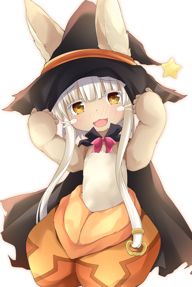 alternate_costume animal_ears bangs black_cape blunt_bangs blush_stickers bow bowtie bunny_ears cape commentary ears_through_headwear eyebrows_visible_through_hair furry halloween hand_on_headwear hat looking_at_viewer low_tied_hair maccha made_in_abyss nanachi_(made_in_abyss) open_mouth orange_pants red_bow sidelocks simple_background smile solo star whiskers white_background white_hair witch_hat yellow_eyes