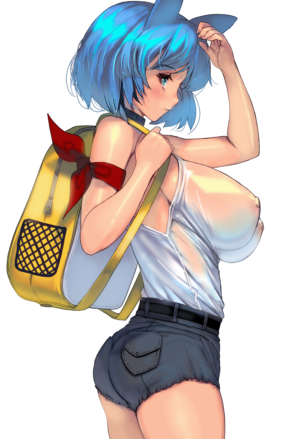 animal_ears ass backpack bag bare_shoulders blue_eyes blue_hair breasts commentary_request denim denim_shorts highres huge_breasts masao nipples original see-through short_hair short_shorts shorts simple_background solo white_background