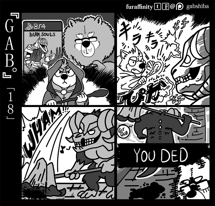 5_fingers angry anthro canine chow_chow clothed clothing controller cute_fangs dark_souls demon dialogue dog english_text eyebrows eyes_closed fromsoftware fully_clothed gabshiba game_controller gaming greyscale group hammer holding_object horn japanese_text magic magic_user mammal monochrome musical_note parody playing_videogame playstation robe sound_effects speech_bubble staff teeth text tools video_games wang_chow whistling