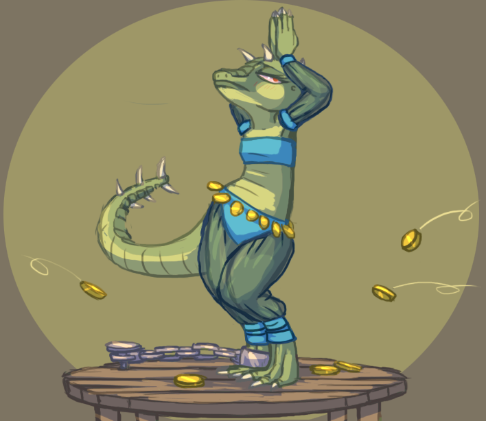 annoyed arm_warmers arms_above_head armwear belly_dancer blush chain claws clothing coin dancing digitigrade embarrassed female kobold lonelyworld money red_eyes scales scalie shackle simple_background slave solo_focus spikes translucent transparent_clothing wide_hips