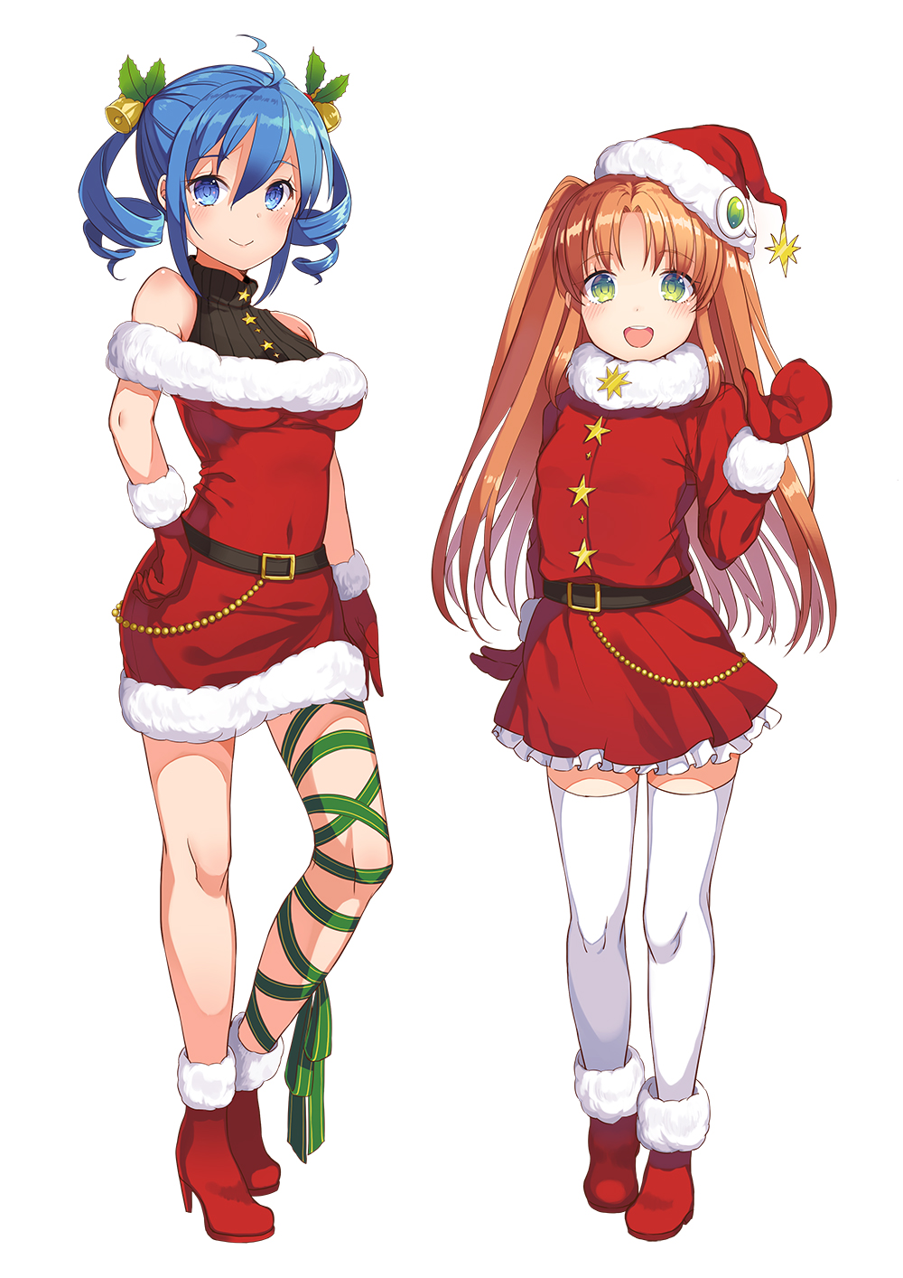:d ahoge amiami_(company) amico ankle_boots bangs bare_shoulders bell belt belt_buckle blue_eyes blue_hair blush boots breasts buckle christmas closed_mouth contrapposto covered_navel dress drill_hair eyebrows_visible_through_hair full_body fur-trimmed_dress fur-trimmed_gloves fur-trimmed_sleeves fur_collar fur_trim gloves green_eyes hair_bell hair_between_eyes hair_ornament hand_on_hip hat high_heel_boots high_heels highres leg_ribbon lilco long_hair looking_at_viewer medium_breasts mittens multiple_girls official_art open_mouth orange_hair parted_bangs red_dress ribbon santa_boots santa_costume santa_gloves santa_hat short_dress simple_background smile standing star thighhighs turtleneck twin_drills twintails two_side_up waving white_background white_legwear yumekui zettai_ryouiki