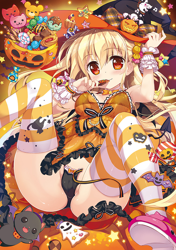 animal armpits ass bangs bare_shoulders bat black_bra black_cat black_panties black_ribbon blonde_hair blush bow bra breasts cameltoe candy candy_hair_ornament cat commentary_request cookie cupcake dress eating eyebrows_visible_through_hair food food_themed_hair_ornament frilled_dress frills fujima_takuya hair_ornament halloween hand_on_headwear hand_up happy_halloween hat holding holding_food ice_cream jack-o'-lantern knees_up lollipop long_hair looking_at_viewer medium_breasts musical_note musical_note_print orange_dress original panties pink_footwear plaid plaid_bow pumpkin red_eyes ribbon scrunchie see-through shoes side-tie_panties sidelocks sitting solo star striped striped_legwear swirl_lollipop thighhighs two_side_up underwear untied untied_panties very_long_hair wafer_stick witch_hat wrist_scrunchie