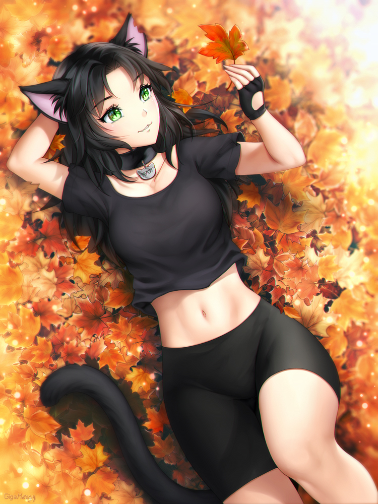 animal_ears arm_behind_head autumn_leaves bike_shorts black_gloves black_hair black_shirt black_shorts breasts cat_ears cat_tail collar fingerless_gloves from_above gigamessy gloves green_eyes leaf long_hair lying maple_leaf medium_breasts midriff navel on_back original outdoors parted_lips shirt short_sleeves shorts smile solo stomach tail