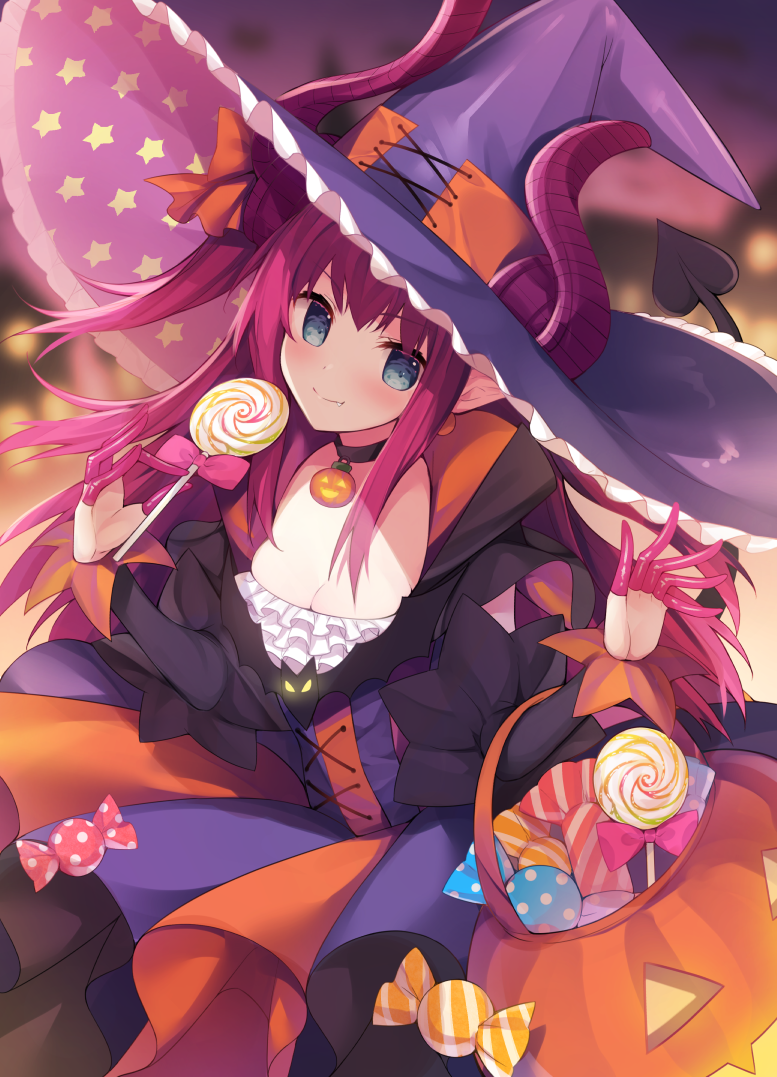 bangs black_cape black_choker black_sleeves blue_eyes blush breasts candy candy_wrapper cape choker cleavage closed_mouth commentary_request curled_horns demon_tail detached_sleeves dragon_horns dress elizabeth_bathory_(fate)_(all) elizabeth_bathory_(halloween)_(fate) eyebrows_visible_through_hair fang fang_out fate/grand_order fate_(series) food frilled_hat frills hair_between_eyes halloween_basket hat holding holding_food holding_lollipop horns horns_through_headwear lollipop long_hair long_sleeves looking_at_viewer miko_92 multicolored multicolored_cape multicolored_clothes orange_cape pink_hair purple_hat small_breasts smile solo star striped swirl_lollipop tail vertical-striped_dress vertical_stripes very_long_hair witch_hat
