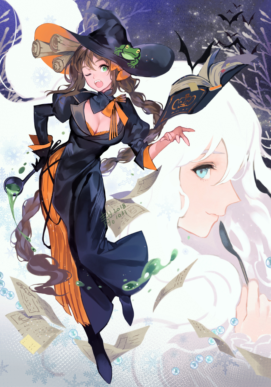 bat blue_eyes book braid breasts brown_hair bubble cleavage dated dress erjung fangs floating floating_object frog gloves green_eyes halloween halloween_costume hat highres liquid long_hair magic open_mouth original scroll signature single_braid sky snowflakes soup_ladle spoon star_(sky) starry_sky very_long_hair white_hair witch witch_hat