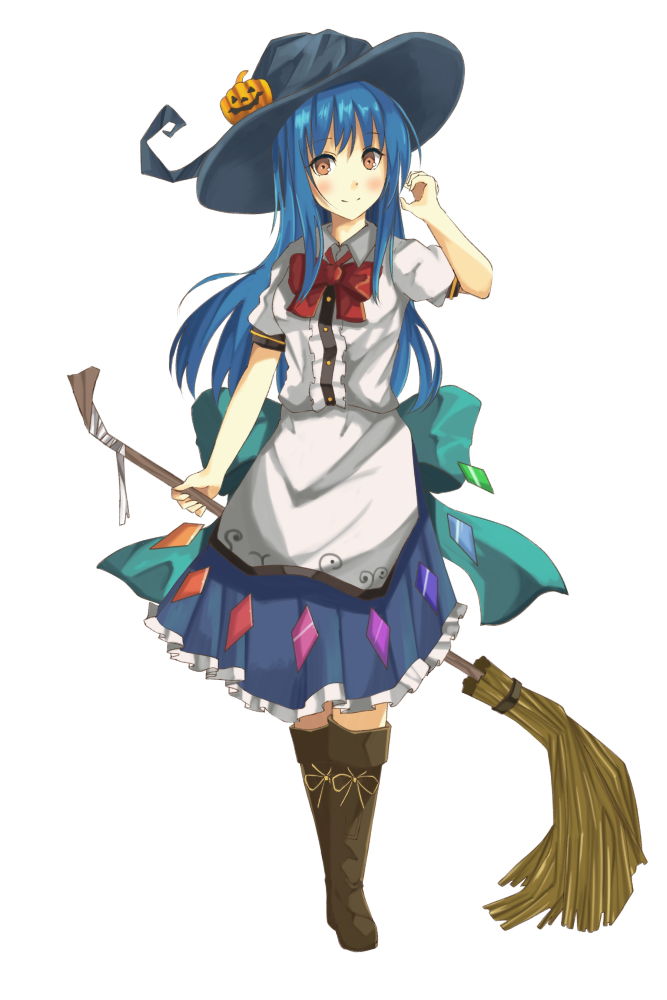 aqua_bow back_bow bandages black_hat blue_hair blue_skirt blush bow bowtie broom brown_eyes brown_footwear dress_shirt frilled_skirt frills full_body fuussu_(21-kazin) grey_apron grey_shirt hat hinanawi_tenshi holding holding_broom long_hair looking_at_viewer pleated_skirt pumpkin red_bow shirt short_sleeves skirt smile solo standing touhou transparent_background very_long_hair witch_hat