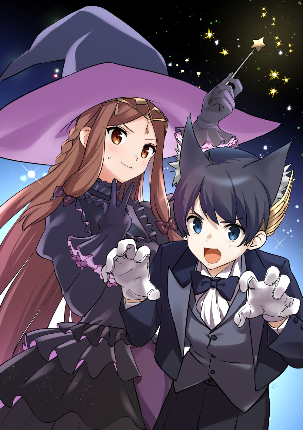 1girl animal_ears black_gloves blue_eyes brown_eyes brown_hair claw_pose dress fan_la_norne formal gloves halloween halloween_costume hat highres hugo_el_superbia misu_kasumi suit wand wavy_mouth white_gloves witch_hat xenoblade_(series) xenoblade_2 xenoblade_2:_ogon_no_kuri_ira