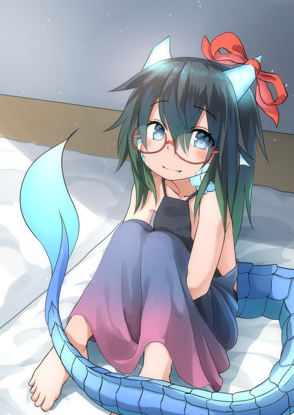 bangs bare_shoulders barefoot black_camisole blue_eyes blush camisole closed_mouth collarbone commentary_request dragon_girl dragon_horns dragon_tail eyebrows_visible_through_hair fang fang_out glasses gradient_hair green_hair hair_between_eyes highres horn_ribbon horns indoors kyabe_tsuka leaf-chan leg_hug long_hair long_skirt looking_at_viewer multicolored_hair on_bed original purple_skirt red-framed_eyewear red_ribbon ribbon scales semi-rimless_eyewear sitting skirt smile solo tail under-rim_eyewear
