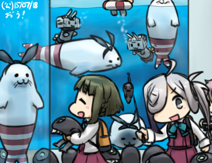 :3 :d ahoge animalization aoba_(kantai_collection) asashimo_(kantai_collection) bob_cut braid camera closed_eyes commentary_request green_hair grey_eyes hair_over_one_eye hair_ribbon hamu_koutarou kantai_collection lifebuoy long_hair multiple_girls ni-class_destroyer open_mouth pink_hair ponytail rensouhou-chan ribbon seal shimakaze_(kantai_collection) shimakaze_(seal) short_hair sidelocks silver_hair smile submerged swimming takanami_(kantai_collection) water_tank whiskers