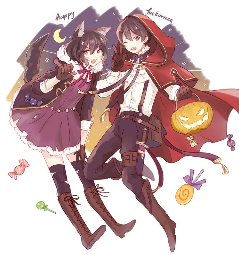 1girl ahoge black_hair blush dinikee dress fire_emblem fire_emblem:_kakusei fire_emblem_heroes gloves halloween hood jacket long_hair looking_at_viewer mark_(female)_(fire_emblem) mark_(fire_emblem) mark_(male)_(fire_emblem) open_mouth short_hair simple_background smile