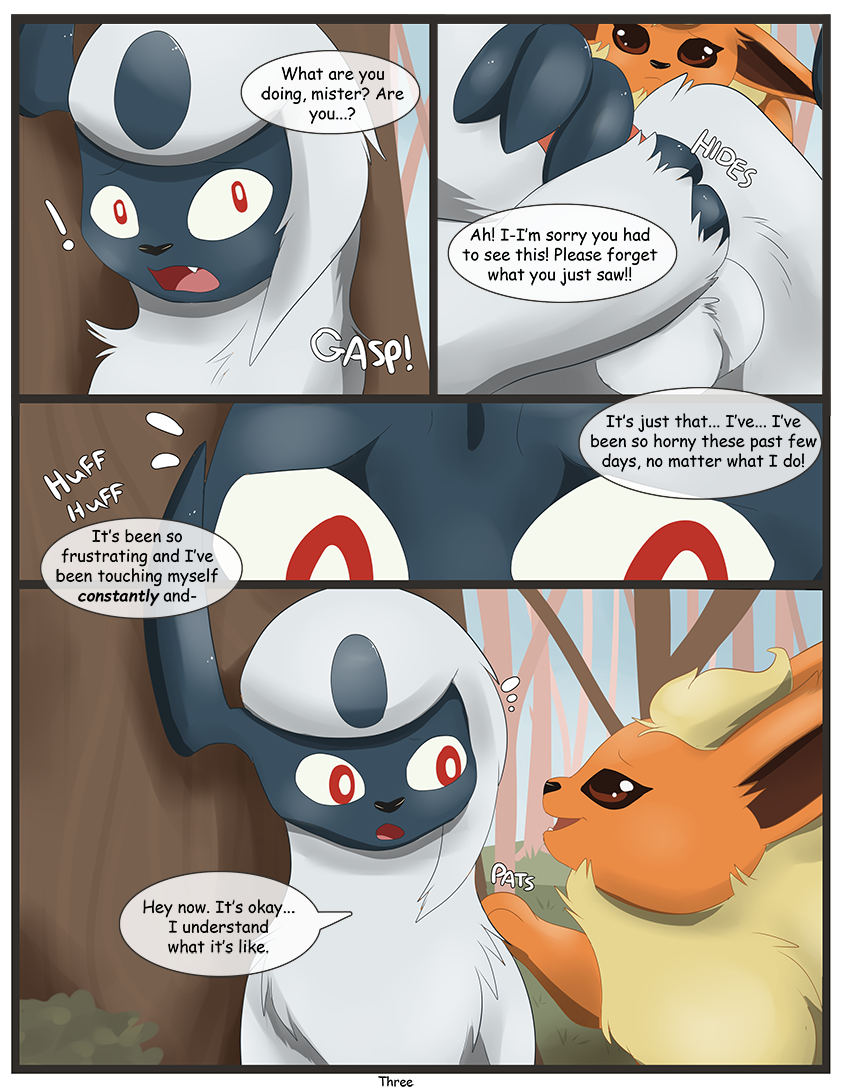 absol animal_genitalia animal_penis balls canine_penis comic covering covering_self eeveelution embarrassed female flareon horny_(disambiguation) humiliation male male/female nintendo penis pok&eacute;mon pok&eacute;mon_(species) shy text video_games xxgato