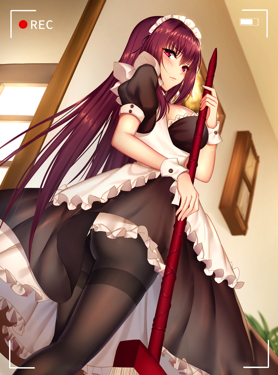 alternate_costume apron ass black_dress black_legwear blurry blush breasts broom commentary contemporary cowboy_shot depth_of_field door dress enmaided eyebrows_visible_through_hair fate_(series) from_below highres indoors large_breasts long_hair looking_at_viewer maid maid_apron maid_headdress mallizmora pantyhose puffy_short_sleeves puffy_sleeves purple_hair red_eyes scathach_(fate)_(all) scathach_(fate/grand_order) short_sleeves solo symbol_commentary thighband_pantyhose very_long_hair viewfinder waist_apron window wrist_cuffs