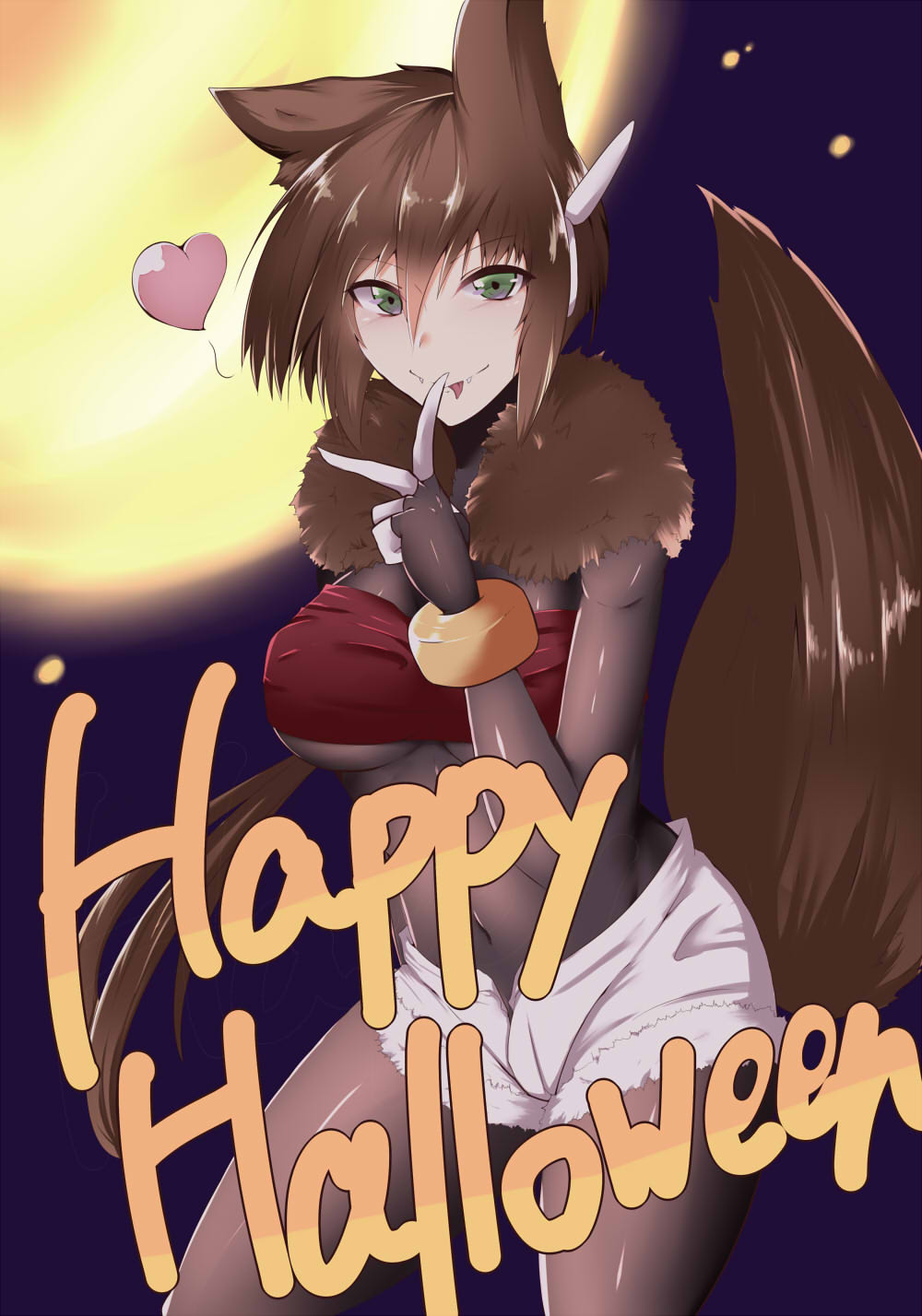 1girl aile animal_ears bangs bodystocking bracelet breasts brown_hair brown_tail covered_navel finger_to_mouth green_eyes hair_between_eyes hair_ears halloween happy_halloween heart jewelry medium_breasts robot_ears rockman rockman_zx rockman_zx_advent short_shorts shorts smile solo tail text_focus tgxx3300 tongue tongue_out tube_top white_shorts wolf_ears wolf_girl wolf_tail