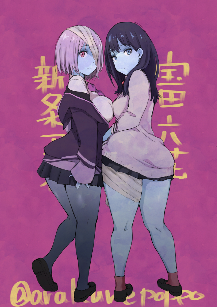 arakure ass bandages blue_eyes blue_hair blue_skin breast_press breasts cardigan character_name commentary_request from_behind full_body half-closed_eyes hips hood hoodie kneepits large_breasts long_hair long_sleeves looking_at_viewer looking_back medium_breasts miniskirt multiple_girls necktie off_shoulder pantyhose pleated_skirt purple_background purple_hair school_uniform season_connection shinjou_akane short_hair simple_background skirt ssss.gridman standing takarada_rikka text_focus thighs translation_request twitter_username wide_hips zombie zombie_land_saga