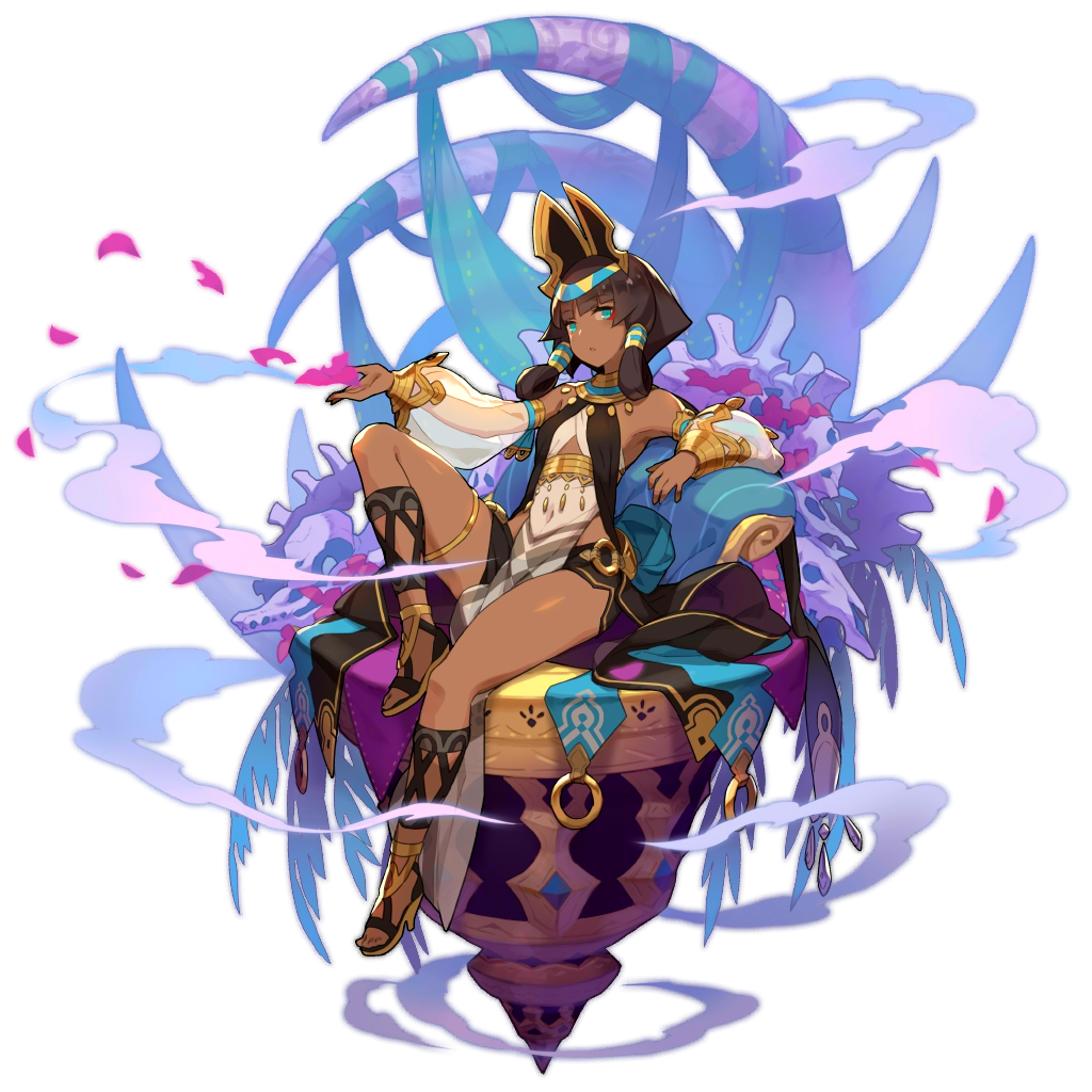 artist_request blue_eyes brown_hair dragalia_lost egyptian fog full_body leaf leg_up nefaria non-web_source official_art petals see-through_sleeves sitting solo tabard transparent_background