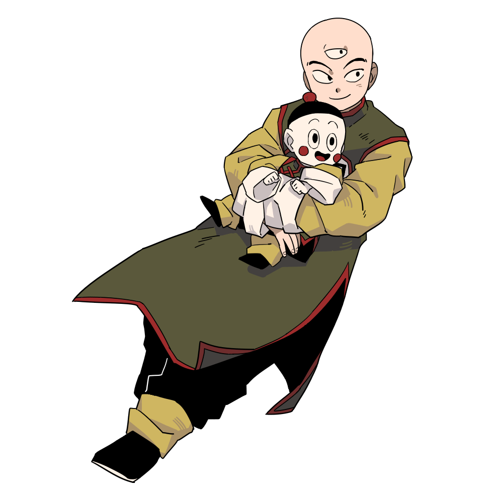 :d bald black_eyes black_footwear blush_stickers chaozu chinese_clothes clenched_hands dragon_ball floating full_body goro_(szyk7834) happy hat holding long_sleeves looking_away male_focus multiple_boys open_mouth simple_background smile tenshinhan third_eye white_background