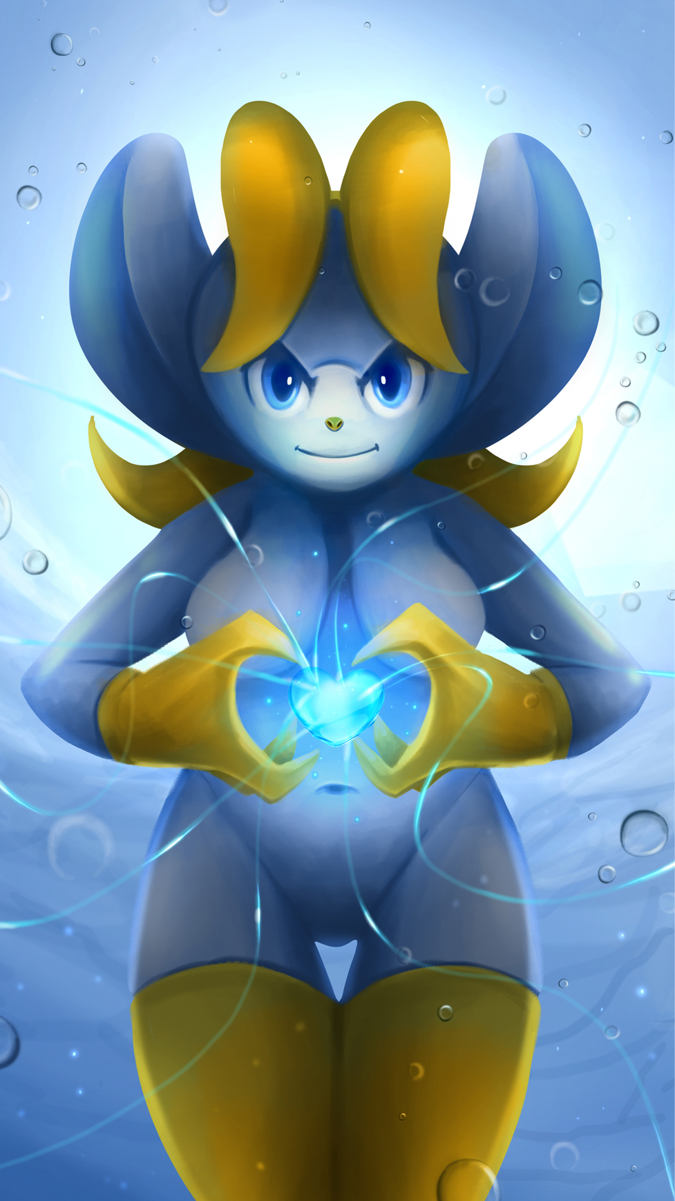 2018 3_fingers agious backlighting big_eyes big_head blue_eyes blue_heart blue_pupils blue_skin breasts bright bubble concentration convenient_censorship crystal crystal_heart elemental energy featureless_crotch female front_view gathering_power glowing humanoid legs_together lighting looking_at_viewer magic magic_user mammal navel navel_rim particles portrait restricted_palette shiny solo summoning sunlight thigh_gap three-quarter_portrait underwater water water_elemental