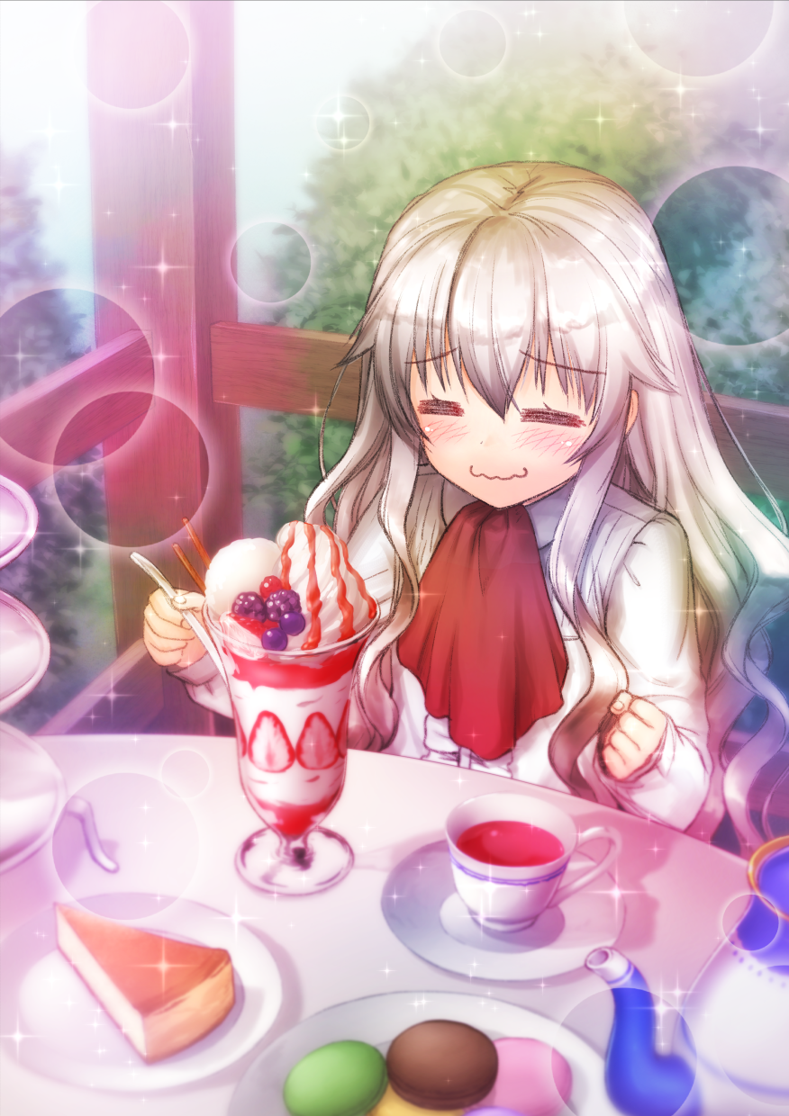 1girl bangs blue_eyes blush child closed_mouth eelde_(nakaishow) eyebrows_visible_through_hair food hair_between_eyes ice_cream long_hair long_sleeves nakaishow parfait shirt silver_hair spoon symbol-shaped_pupils wavy_hair white_shirt